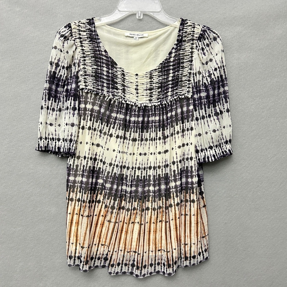 Rose + Olive Mesh Blouse Women Size S Purple Tie Dye Smocked Babydoll Top